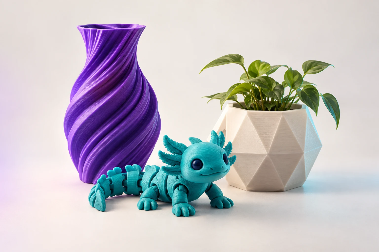 Illustrative 3D prints: a violet sculptural vase, a teal articulated creature, and a white geometric planter